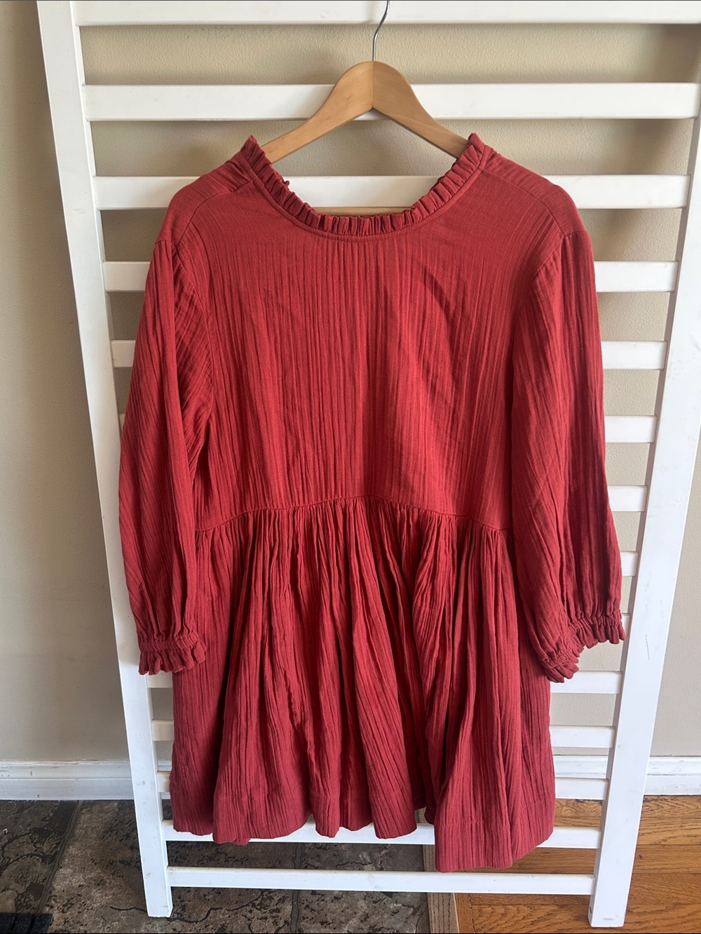 Free People Rust Red Gauze Long Sleeve Ruffle Neck Open Back 100% Cotton Dress